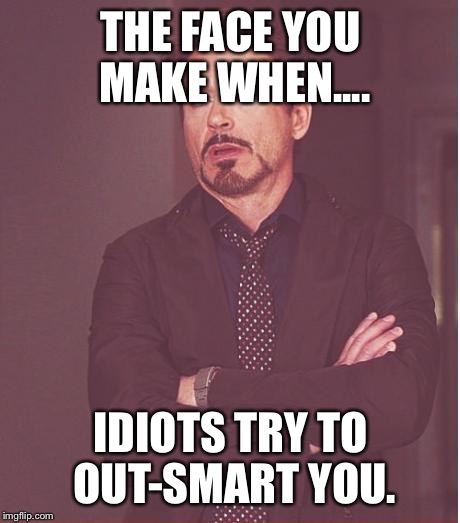 Face You Make Robert Downey Jr Meme | THE FACE YOU MAKE WHEN.... IDIOTS TRY TO OUT-SMART YOU. | image tagged in memes,face you make robert downey jr | made w/ Imgflip meme maker