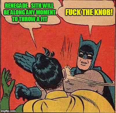 Batman Slapping Robin Meme | RENEGADE_SITH WILL BE ALONG ANY MOMENT TO THROW A FIT F**K THE KNOB! | image tagged in memes,batman slapping robin | made w/ Imgflip meme maker