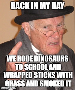 Back In My Day Meme | BACK IN MY DAY; WE RODE DINOSAURS TO SCHOOL AND WRAPPED STICKS WITH GRASS AND SMOKED IT | image tagged in memes,back in my day | made w/ Imgflip meme maker