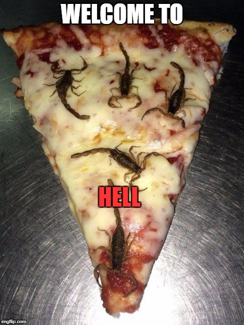 scorpion pizza | WELCOME TO; HELL | image tagged in scorpion pizza | made w/ Imgflip meme maker