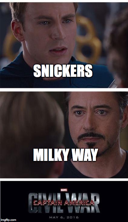 Marvel Civil War 1 | SNICKERS; MILKY WAY | image tagged in memes,marvel civil war 1 | made w/ Imgflip meme maker
