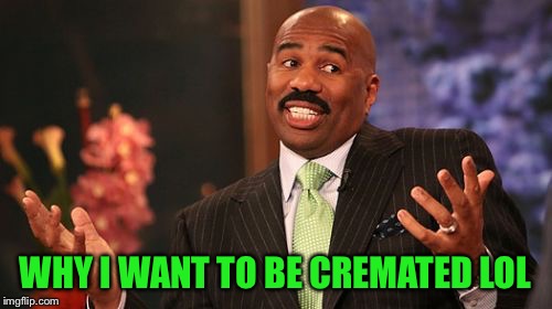 Steve Harvey Meme | WHY I WANT TO BE CREMATED LOL | image tagged in memes,steve harvey | made w/ Imgflip meme maker
