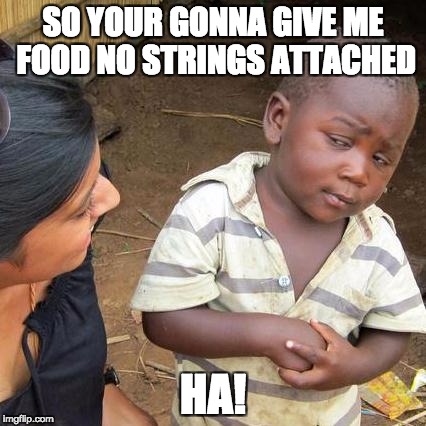 Third World Skeptical Kid | SO YOUR GONNA GIVE ME FOOD NO STRINGS ATTACHED; HA! | image tagged in memes,third world skeptical kid | made w/ Imgflip meme maker