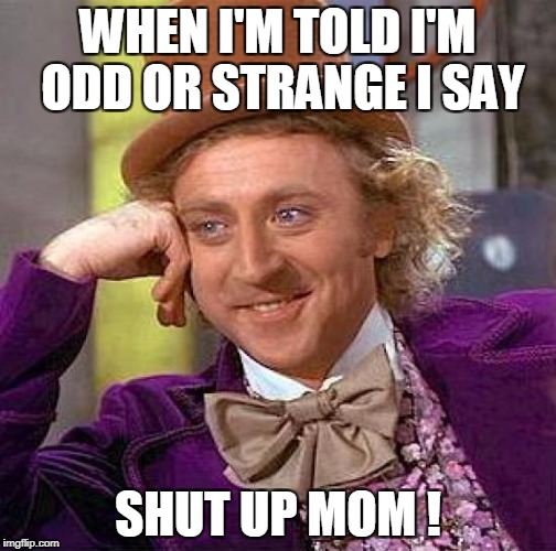 Creepy Condescending Wonka Meme | WHEN I'M TOLD I'M ODD OR STRANGE I SAY SHUT UP MOM ! | image tagged in memes,creepy condescending wonka | made w/ Imgflip meme maker