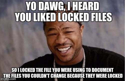 Yo Dawg Heard You Meme | YO DAWG, I HEARD YOU LIKED LOCKED FILES; SO I LOCKED THE FILE YOU WERE USING TO DOCUMENT THE FILES YOU COULDN'T CHANGE BECAUSE THEY WERE LOCKED | image tagged in memes,yo dawg heard you | made w/ Imgflip meme maker