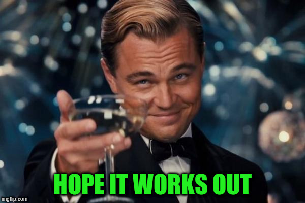 Leonardo Dicaprio Cheers Meme | HOPE IT WORKS OUT | image tagged in memes,leonardo dicaprio cheers | made w/ Imgflip meme maker