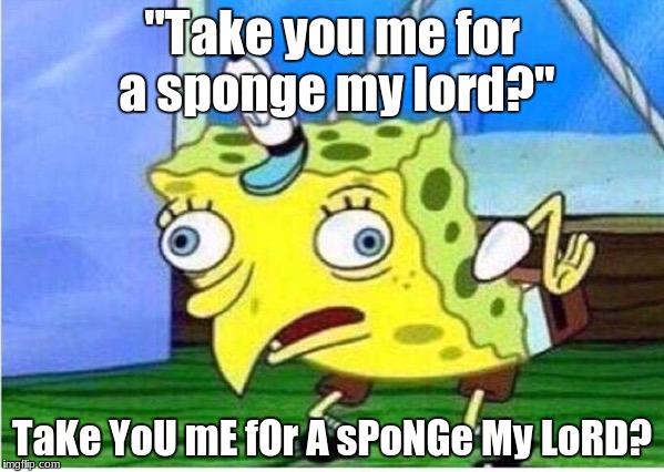 Mocking Spongebob | "Take you me for a sponge my lord?"; TaKe YoU mE fOr A sPoNGe My LoRD? | image tagged in spongebob chicken | made w/ Imgflip meme maker