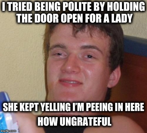 10 Guy Meme | I TRIED BEING POLITE BY HOLDING THE DOOR OPEN FOR A LADY; SHE KEPT YELLING I’M PEEING IN HERE; HOW UNGRATEFUL | image tagged in memes,10 guy | made w/ Imgflip meme maker