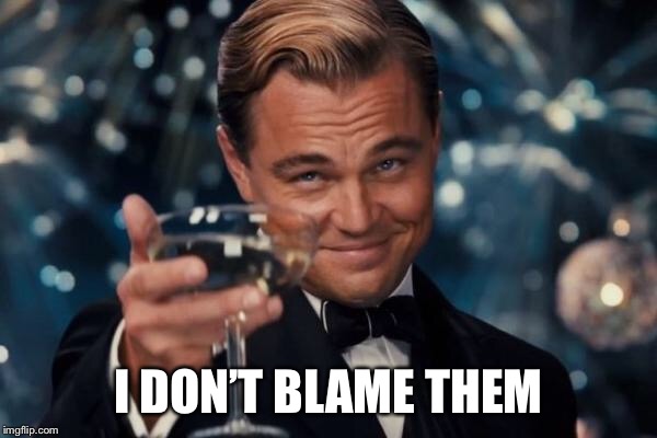 Leonardo Dicaprio Cheers Meme | I DON’T BLAME THEM | image tagged in memes,leonardo dicaprio cheers | made w/ Imgflip meme maker