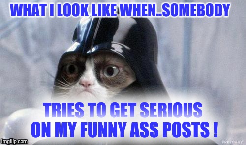 Grumpy Cat Star Wars | WHAT I LOOK LIKE WHEN..SOMEBODY; TRIES TO GET SERIOUS ON MY FUNNY ASS POSTS ! | image tagged in memes,grumpy cat star wars,grumpy cat | made w/ Imgflip meme maker