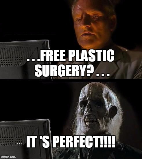 I'll Just Wait Here Meme | . . .FREE PLASTIC SURGERY? . . . IT 'S PERFECT!!!! | image tagged in memes,ill just wait here | made w/ Imgflip meme maker