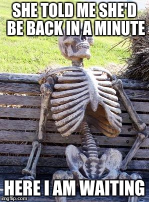 Waiting Skeleton | SHE TOLD ME SHE'D BE BACK IN A MINUTE; HERE I AM WAITING | image tagged in memes,waiting skeleton | made w/ Imgflip meme maker