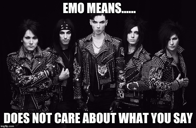 EMO MEANS...... DOES NOT CARE ABOUT WHAT YOU SAY | image tagged in black veil brides | made w/ Imgflip meme maker