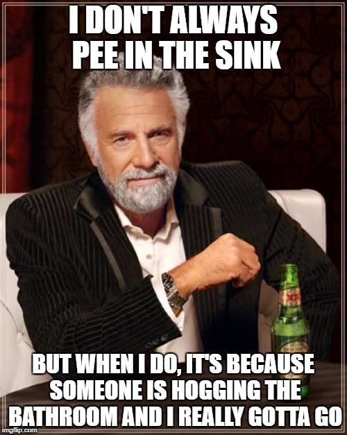 The Most Interesting Man In The World Meme | I DON'T ALWAYS PEE IN THE SINK BUT WHEN I DO, IT'S BECAUSE SOMEONE IS HOGGING THE BATHROOM AND I REALLY GOTTA GO | image tagged in memes,the most interesting man in the world | made w/ Imgflip meme maker