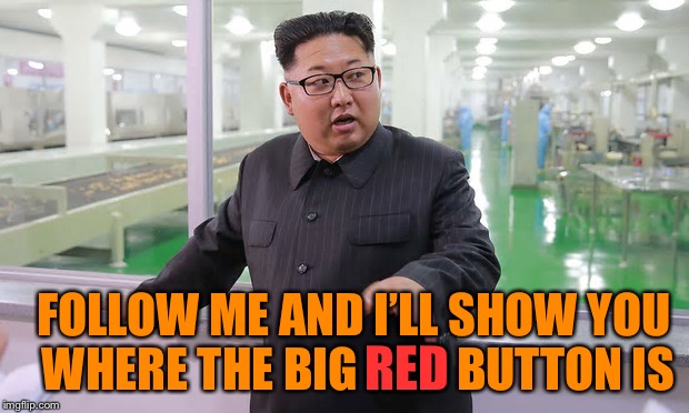 The Big Red Button |  FOLLOW ME AND I’LL SHOW YOU WHERE THE BIG RED BUTTON IS; RED | image tagged in kim jong un - explaining something,nukes,big red button,crazy man,family reunions keep getting smaller | made w/ Imgflip meme maker