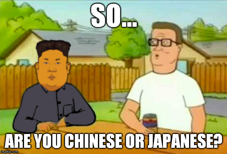 SO... ARE YOU CHINESE OR JAPANESE? | image tagged in hank hill,kim jung un | made w/ Imgflip meme maker