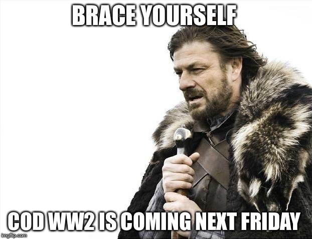 Brace Yourselves X is Coming Meme | BRACE YOURSELF; COD WW2 IS COMING NEXT FRIDAY | image tagged in memes,brace yourselves x is coming | made w/ Imgflip meme maker