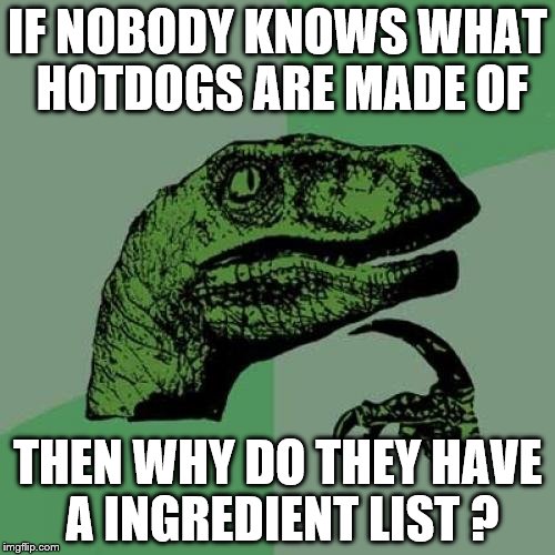 Philosoraptor Meme | IF NOBODY KNOWS WHAT HOTDOGS ARE MADE OF; THEN WHY DO THEY HAVE A INGREDIENT LIST ? | image tagged in memes,philosoraptor | made w/ Imgflip meme maker