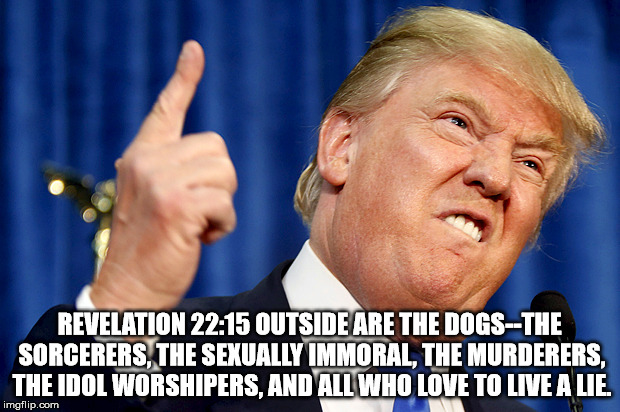 Donald Trump | REVELATION 22:15 OUTSIDE ARE THE DOGS--THE SORCERERS, THE SEXUALLY IMMORAL, THE MURDERERS, THE IDOL WORSHIPERS, AND ALL WHO LOVE TO LIVE A LIE. | image tagged in donald trump,politics,bible,warmonger,hatemonger | made w/ Imgflip meme maker