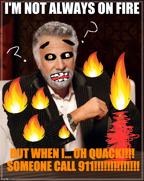 The Most "Hottest" Man In The World | I'M NOT ALWAYS ON FIRE; BUT WHEN I... OH QUACK!!!! SOMEONE CALL 911!!!!!!!!!!!!!! | image tagged in memes,the most interesting man in the world,on fire | made w/ Imgflip meme maker