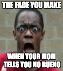 THE FACE YOU MAKE; WHEN YOUR MOM TELLS YOU NO BUENO | image tagged in oh wow are you actually reading these tags,mom,no bueno | made w/ Imgflip meme maker