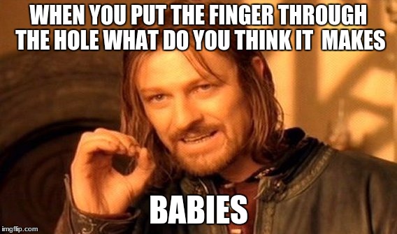 One Does Not Simply | WHEN YOU PUT THE FINGER THROUGH THE HOLE WHAT DO YOU THINK IT  MAKES; BABIES | image tagged in memes,one does not simply | made w/ Imgflip meme maker