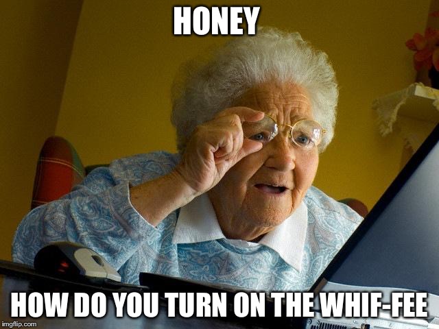 Grandma Finds The Internet Meme | HONEY; HOW DO YOU TURN ON THE WHIF-FEE | image tagged in memes,grandma finds the internet | made w/ Imgflip meme maker