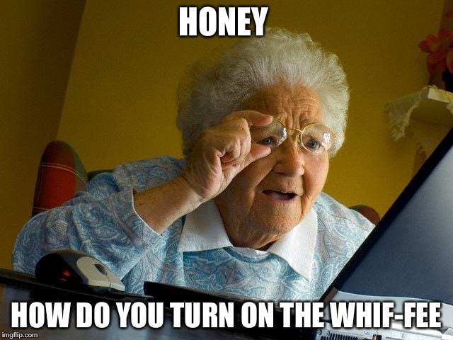 Grandma Finds The Internet | HONEY; HOW DO YOU TURN ON THE WHIF-FEE | image tagged in memes,grandma finds the internet | made w/ Imgflip meme maker