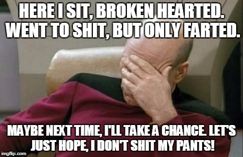 Captain Picard Facepalm Meme | HERE I SIT, BROKEN HEARTED. WENT TO SHIT, BUT ONLY FARTED. MAYBE NEXT TIME, I'LL TAKE A CHANCE.
LET'S JUST HOPE, I DON'T SHIT MY PANTS! | image tagged in memes,captain picard facepalm | made w/ Imgflip meme maker