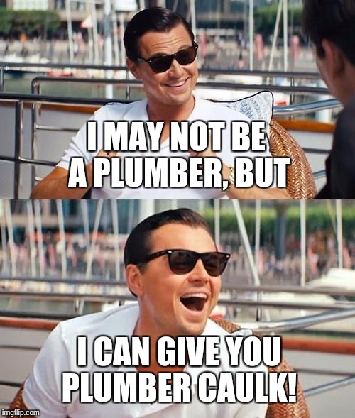 Leonardo Dicaprio Wolf Of Wall Street | I MAY NOT BE A PLUMBER, BUT; I CAN GIVE YOU PLUMBER CAULK! | image tagged in memes,leonardo dicaprio wolf of wall street | made w/ Imgflip meme maker