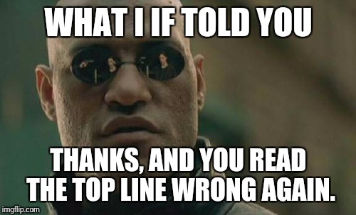 Matrix Morpheus Meme | WHAT I IF TOLD YOU THANKS, AND YOU READ THE TOP LINE WRONG AGAIN. | image tagged in memes,matrix morpheus | made w/ Imgflip meme maker