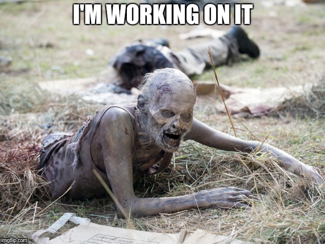 The Walking Dead Crawling Zombie | I'M WORKING ON IT | image tagged in the walking dead crawling zombie | made w/ Imgflip meme maker