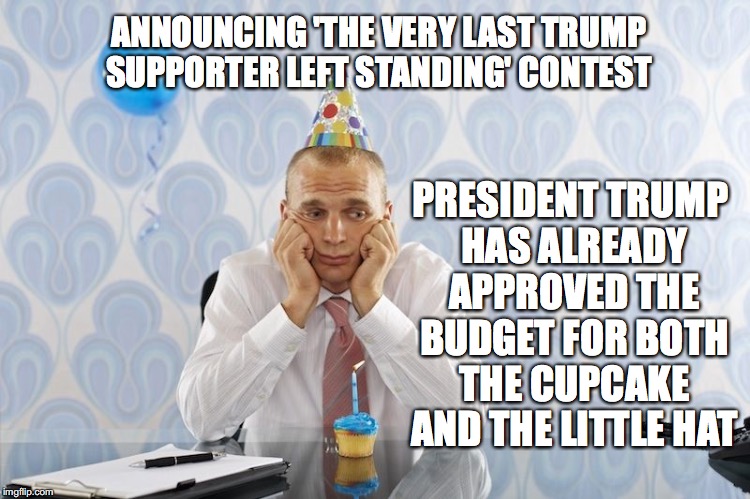Sad Party | PRESIDENT TRUMP HAS ALREADY APPROVED THE BUDGET FOR BOTH THE CUPCAKE AND THE LITTLE HAT; ANNOUNCING 'THE VERY LAST TRUMP SUPPORTER LEFT STANDING' CONTEST | image tagged in sad party | made w/ Imgflip meme maker