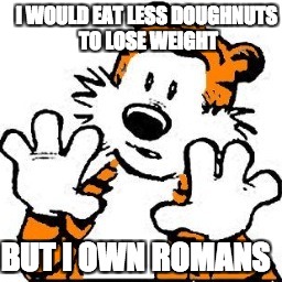 but I own romans | I WOULD EAT LESS DOUGHNUTS TO LOSE WEIGHT; BUT I OWN ROMANS | image tagged in but i own romans | made w/ Imgflip meme maker