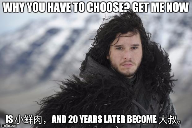 Jon snow | WHY YOU HAVE TO CHOOSE? GET ME NOW; IS 小鲜肉，AND 20 YEARS LATER BECOME 大叔。 | image tagged in jon snow | made w/ Imgflip meme maker