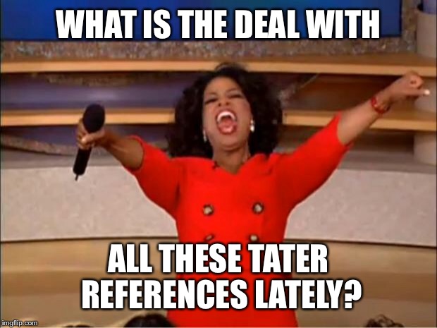 Oprah You Get A Meme | WHAT IS THE DEAL WITH ALL THESE TATER REFERENCES LATELY? | image tagged in memes,oprah you get a | made w/ Imgflip meme maker