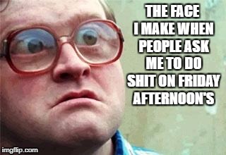 Wtf | THE FACE I MAKE WHEN PEOPLE ASK ME TO DO SHIT ON FRIDAY AFTERNOON'S | image tagged in wtf | made w/ Imgflip meme maker