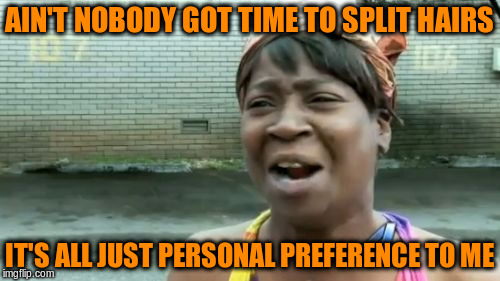 Ain't Nobody Got Time For That Meme | AIN'T NOBODY GOT TIME TO SPLIT HAIRS IT'S ALL JUST PERSONAL PREFERENCE TO ME | image tagged in memes,aint nobody got time for that | made w/ Imgflip meme maker