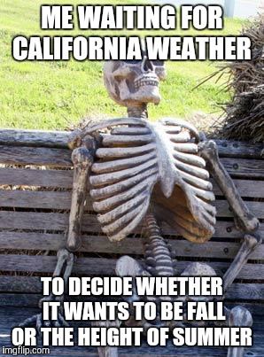 Waiting Skeleton Meme | ME WAITING FOR CALIFORNIA WEATHER; TO DECIDE WHETHER IT WANTS TO BE FALL OR THE HEIGHT OF SUMMER | image tagged in memes,waiting skeleton | made w/ Imgflip meme maker