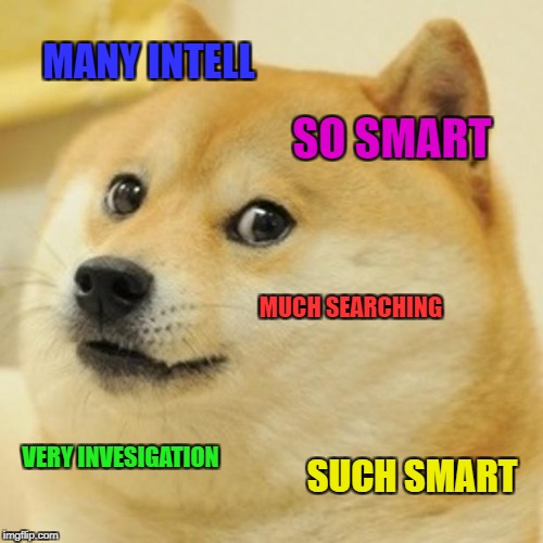Doge Meme | MANY INTELL; SO SMART; MUCH SEARCHING; VERY INVESIGATION; SUCH SMART | image tagged in memes,doge | made w/ Imgflip meme maker