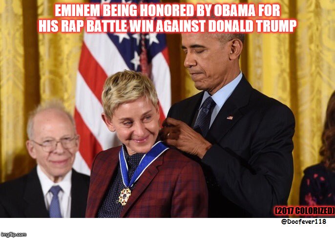 Emin/Obama/Donald Trump | EMINEM BEING HONORED BY OBAMA FOR HIS RAP BATTLE WIN AGAINST DONALD TRUMP; (2017 COLORIZED) | image tagged in emin/obama/donald trump | made w/ Imgflip meme maker