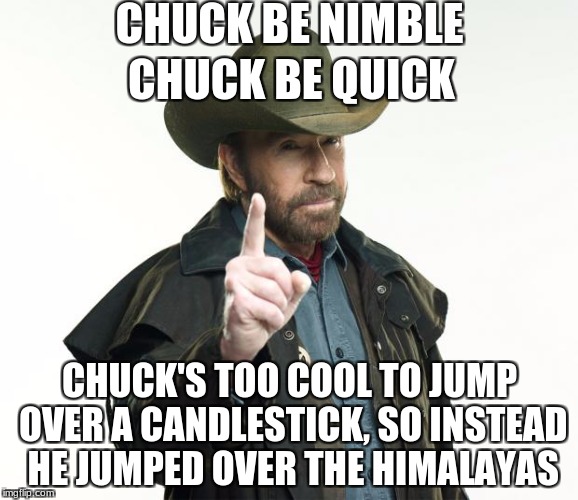 Chuck Be Nimble | CHUCK BE NIMBLE; CHUCK BE QUICK; CHUCK'S TOO COOL TO JUMP OVER A CANDLESTICK, SO INSTEAD HE JUMPED OVER THE HIMALAYAS | image tagged in memes,chuck norris finger,chuck norris,chuck be nimble | made w/ Imgflip meme maker