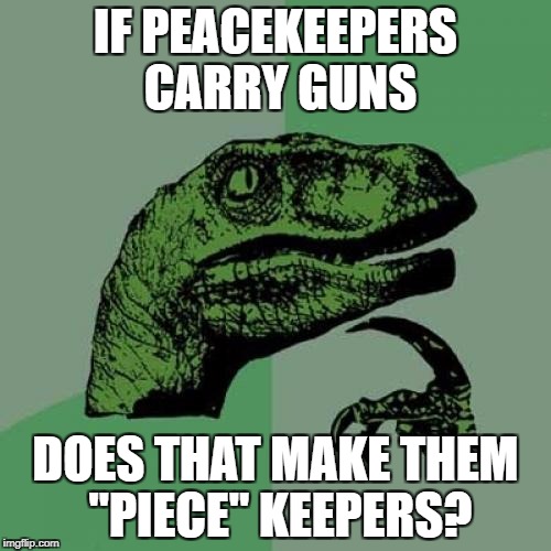 They All Got a Piece on Them | IF PEACEKEEPERS CARRY GUNS; DOES THAT MAKE THEM "PIECE" KEEPERS? | image tagged in memes,philosoraptor | made w/ Imgflip meme maker