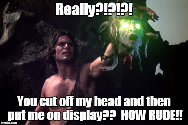 Medusa | Really?!?!?! You cut off my head and then put me on display??  HOW RUDE!! | image tagged in medusa | made w/ Imgflip meme maker