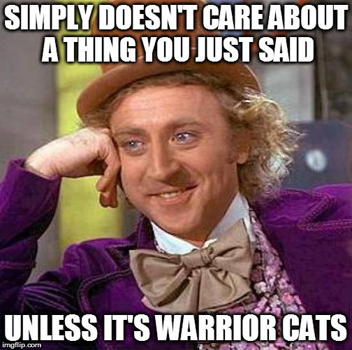 Wonka Warrior cat | SIMPLY DOESN'T CARE ABOUT A THING YOU JUST SAID; UNLESS IT'S WARRIOR CATS | image tagged in memes,warrior cats meme | made w/ Imgflip meme maker