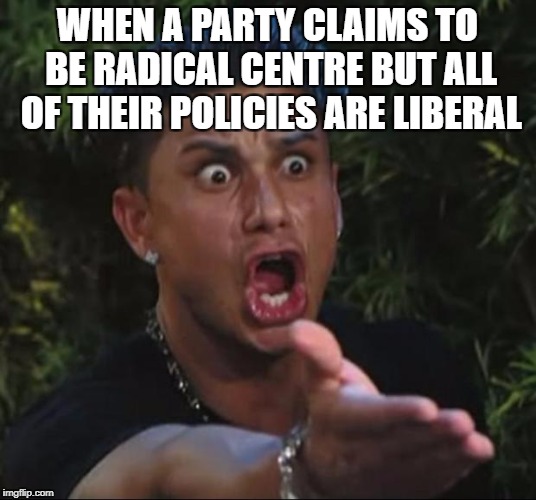 DJ Pauly D Meme | WHEN A PARTY CLAIMS TO BE RADICAL CENTRE BUT ALL OF THEIR POLICIES ARE LIBERAL | image tagged in memes,dj pauly d | made w/ Imgflip meme maker