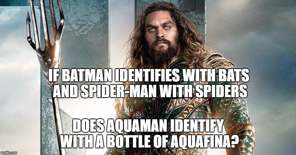 Aquaman by the bottle |  IF BATMAN IDENTIFIES WITH BATS AND SPIDER-MAN WITH SPIDERS; DOES AQUAMAN IDENTIFY WITH A BOTTLE OF AQUAFINA? | image tagged in aquaman,aquafina,bottled water,super hero | made w/ Imgflip meme maker