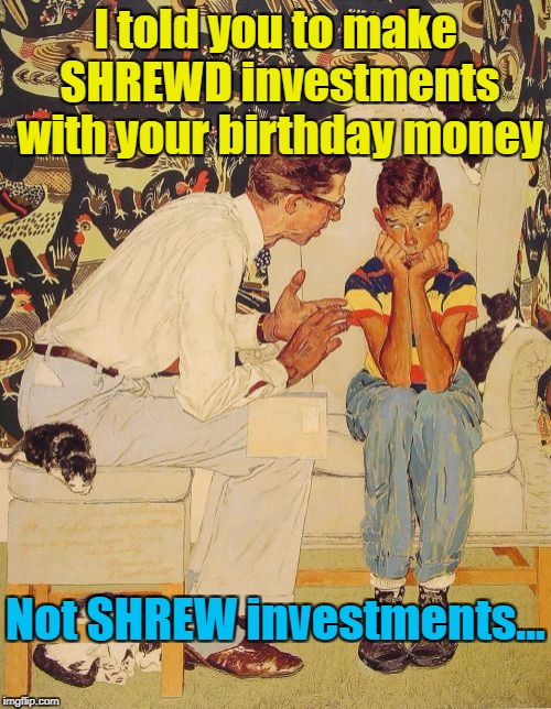 In fairness he did double his money with those shrews... :) | I told you to make SHREWD investments with your birthday money; Not SHREW investments... | image tagged in memes,the probelm is,the problem is,money,investments,animals | made w/ Imgflip meme maker