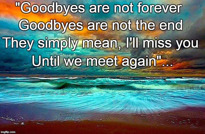 Goodbyes are not forever... | "Goodbyes are not forever; Goodbyes are not the end; They simply mean, I'll miss you; Until we meet again"... | image tagged in goodbyes,until we meet again | made w/ Imgflip meme maker