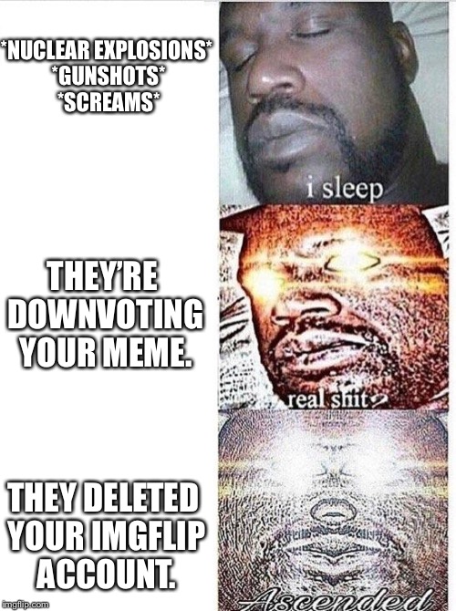 I sleep meme with ascended template | *NUCLEAR EXPLOSIONS* *GUNSHOTS* *SCREAMS*; THEY’RE DOWNVOTING YOUR MEME. THEY DELETED YOUR IMGFLIP ACCOUNT. | image tagged in i sleep meme with ascended template | made w/ Imgflip meme maker